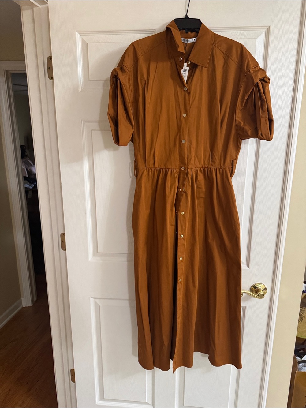 Zara Button-Front Midi Dress in Camel Brown